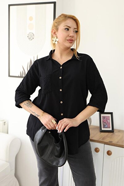 Siyezen Plus Size Lace Sleeve Linen Shirt