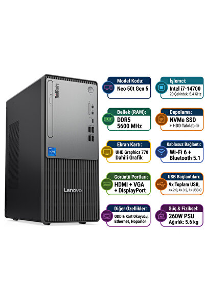 LENOVO ThinkCentre Neo 50T Gen 5 i7-14700 32GB 1TB SSD Freedos Masaüstü Bilgi...