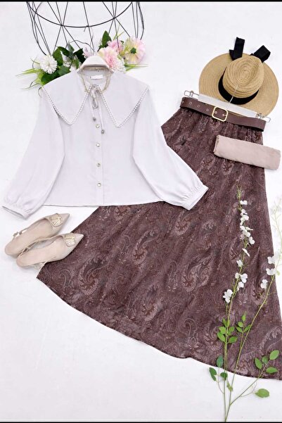 MODA VEDAT Γυναικείο Σετ με Φούστα Σιφόν με Λεπτομέρεια Πέτο και Σχέδιο Σάλι ...