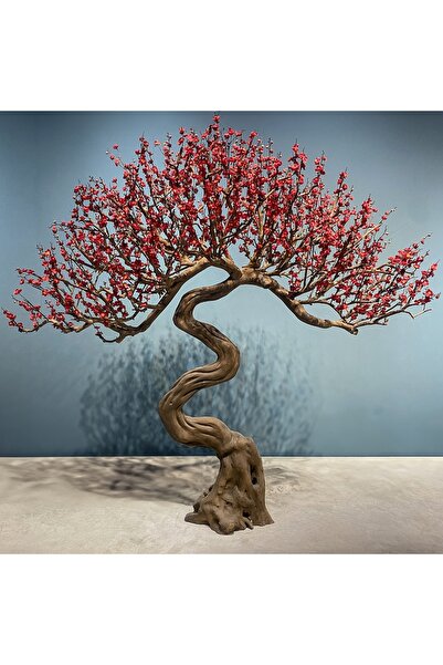 Roberto Rossi Bonsai artificial H220cm Prun cu trunchi din lemn cu flori rosii
