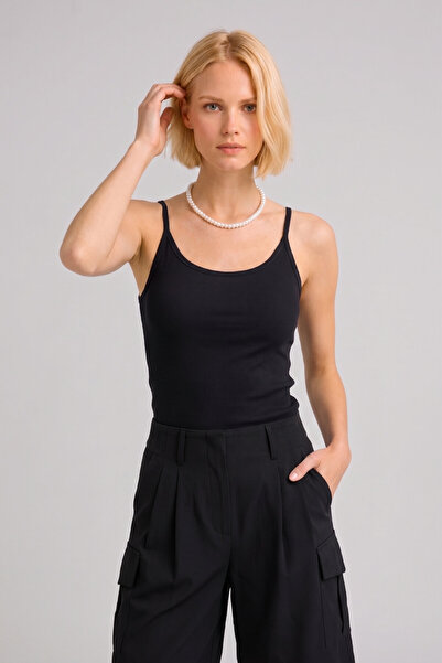 SMILE Aelia Black 100% Cotton Thin Strap Tank Top