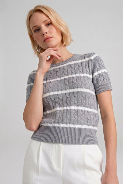 SMILE Cecilia Gray 100% Cotton Striped Knit Sweater