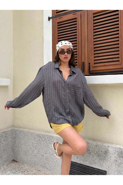 minaaise Women's Anthracite Oversize Self-Patterned Premium Shirt 31080