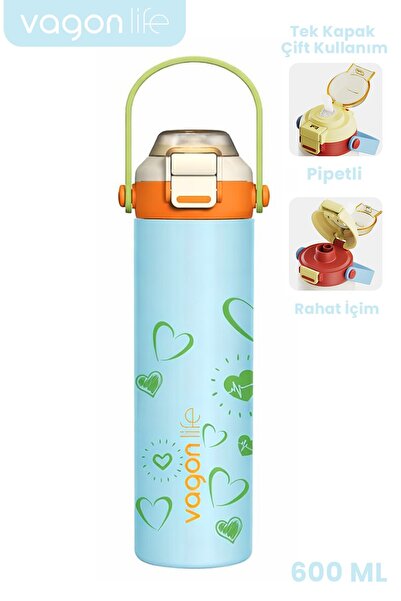 Vagonlife 600 ML Tek Kapak Çift Kullanım Pipetli Rahat İçim Kulplu Paslanmaz ...