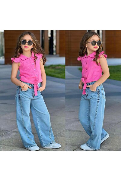 Bambam Girl's Pink Tie-Up Shirt & Wide-Leg Jeans Set – Stylish and Comfortabl...