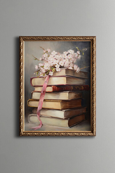 epiqart Kitaplar Üzerinde Kiraz Çiçekleri - Vintage Desenli Çerçeve - İnce Model