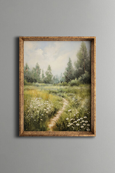 epiqart Papatyalı Kır Yolu Manzarası - Vintage Desenli Çerçeve - İnce Model