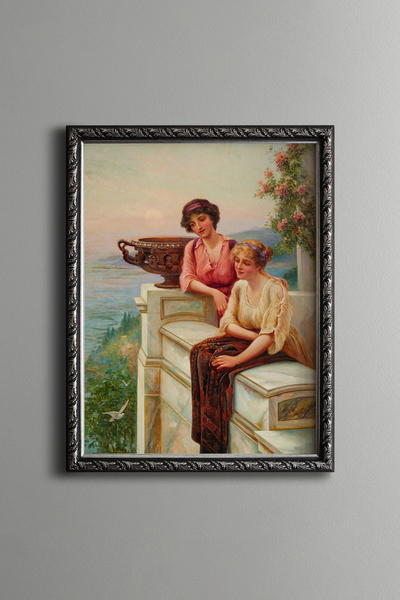 epiqart Women Chatting on the Balcony - Vintage Patterned Frame - Slim Model