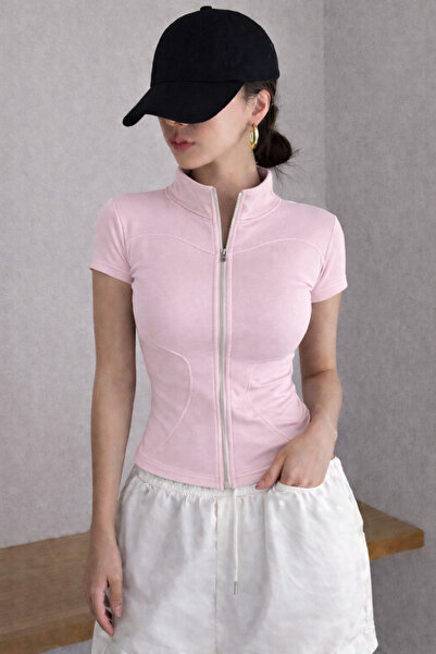 COOL TARZ Bluză de damă cu fermoar, guler înalt, mânecă scurtă, țesătură elas...