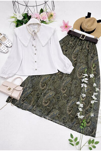 MODA VEDAT Γυναικείο Σετ με Φούστα Σιφόν με Λεπτομέρεια Πέτο και Σχέδιο Σάλι ...