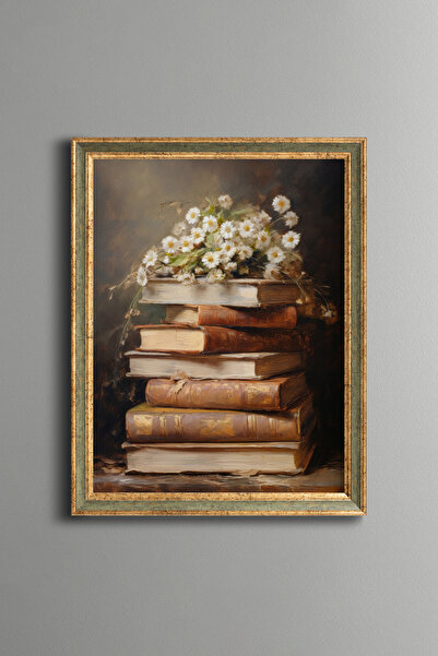 epiqart Kitaplar Üzerinde Papatyalar - Vintage Desenli Çerçeve - İnce Model