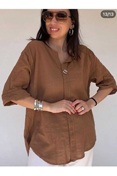 NUR TEKSTİL Kadın kahve %100 Pamuk Italyan Düğme Detaylı 3/4 kollu Oversize S...
