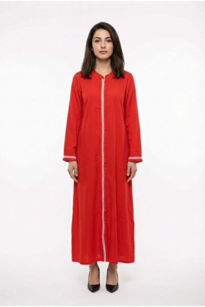 Eliş Şile Bezi فستان مهريما صيفي مطرز بأكمام طويلة من قماش الشيلي باللون الأح...