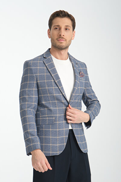 Frappoli Vestore Men's Light Navy Blue Plaid Slim Fit Mono Collar Sports Blaz...