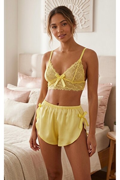 Saten Dantelli Şortlu Pijama Takım Sarı