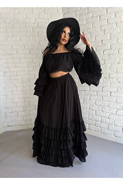 moneta boutique Γυναικείο Σετ με Φλοράλ Καρφίτσα, Μπλούζα με Βολάν και Φούστα