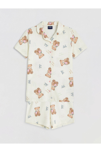 LC Waikiki LCW Kids Ekru Gömlek Yaka Baskılı Kız Çocuk Şortlu Pijama Takım
