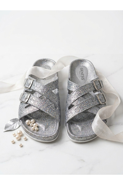 Ayakkabı Vakti Ασημί Γυναικείες Παντόφλες με Λαμπερά Λουράκια - Καθημερινό κα...