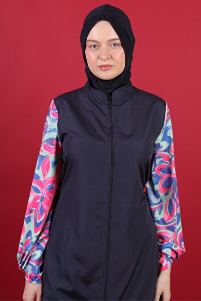 Rosto Fashion Floral Sleeves Lycra Full Covered Hijab Swimsuit Navy Blue Comfortable 3-Piece Set