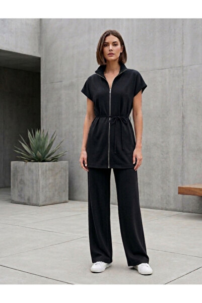 COMS'S Zippered T-Shirt, Loose-Fitting Pants, Top-Bottom Set