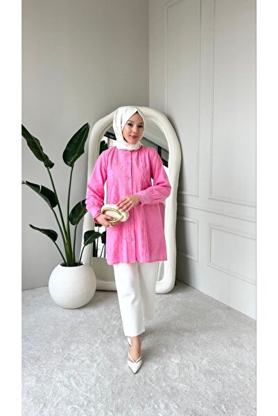 TrendParis Πουκάμισο από βαμβακερό τουνίκ με κεντημένο γιακά σε σχέδιο φυλλών...