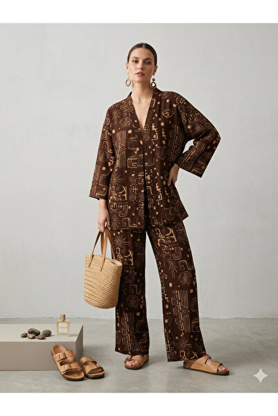 Yagmurbulutscarf Kahverengi Etnik Desenli Keten Karışımlı Kimono Pantolon Tak...