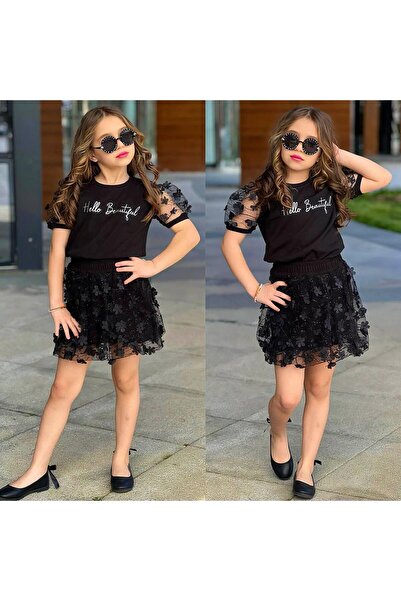 Bambam Set 2 piese pentru fete – Tricou cu imprimeu „Hello Beautiful” și fust...