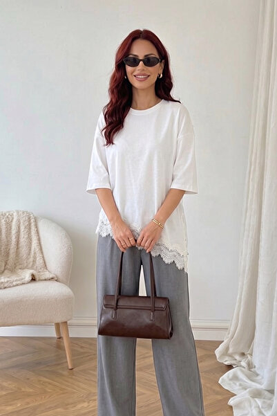 QBZ ΜΠΛΟΥΖΑΚΙ ΜΕ ΔΑΝΤΕΛΑ ΣΕ ΑΣΥΜΜΕΤΡΗ ΚΟΠΗ, ΛΕΥΚΟ ΠΕΡΛΕΝΟ, OVERSIZE