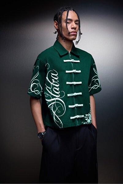 Slatra Men's Green Imperial Knot Printed Short Sleeve Box Fit Shirt