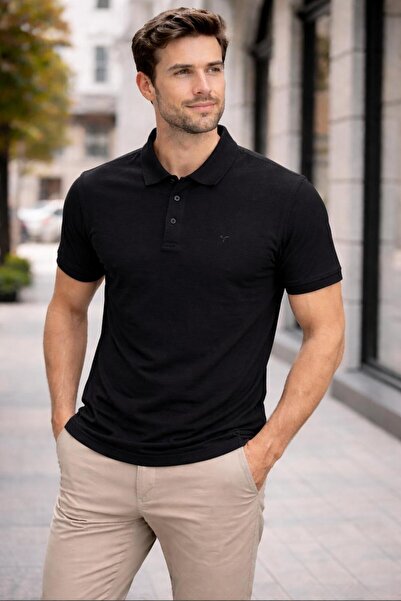 Erkek Slim Fit Dar Kesim %100 Pamuk Düz Pike Siyah Polo Yaka Tişört