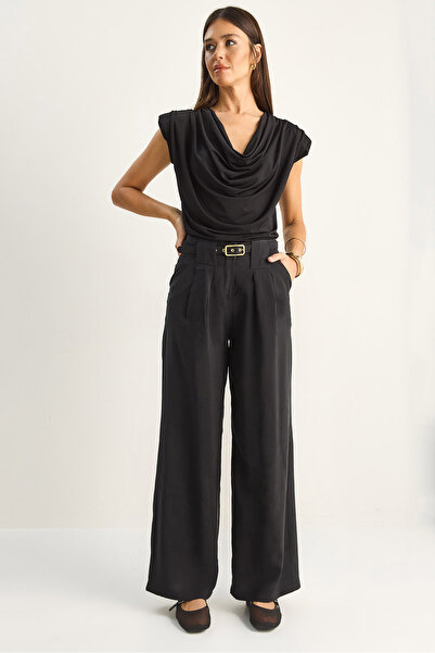 Bianco Lucci Γυναικείο παντελόνι με λεπτομέρεια στη μέση, ψηλόμεσο, Modal Pal...