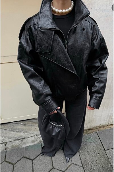 Ekim Store Δερμάτινο μπουφάν με όρθιο γιακά και viral σχέδιο