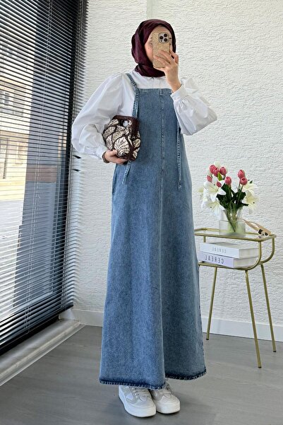 MELEK ARAZ Μακρύ τζιν φόρεμα σαλοπέτα - Γαλάζιο