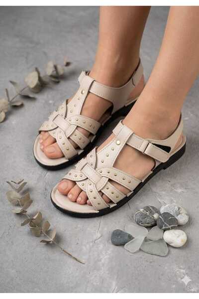 McDark Women's Beige Thin Heeled Studded Belted Summer Sandals