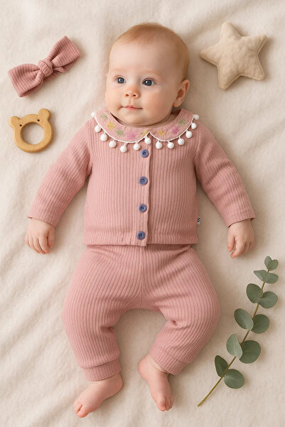 miyrem Flower Embroidered Drop Bandana Baby Girl Set