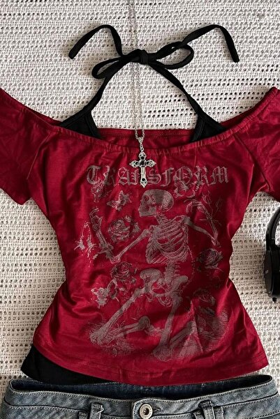 Yukatay Bordo Skeleton Madonna Yaka Ek Askılı Kısa Kollu Full Body Crop