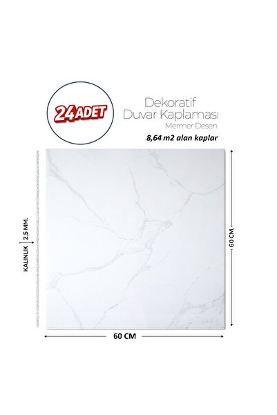Brano 60X60 cm Kendinden Yapışkanlı Duvar,banyo,tezgah Arası BeyazMermer-24 Adet