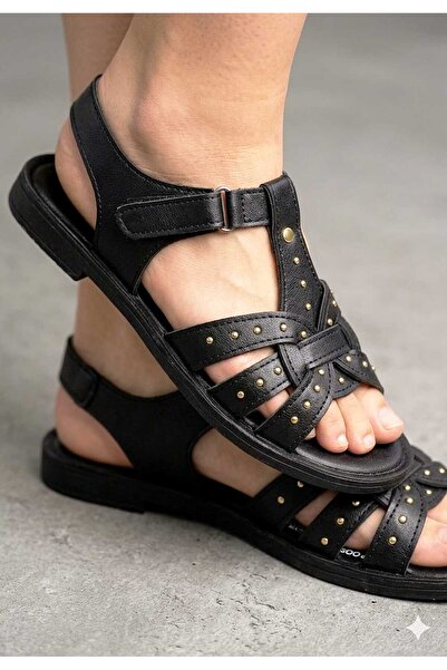 McDark Women's Black Thin Heeled Studded Belted Summer Sandals