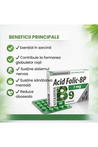 Balkan Pharmaceuticals Supliment Alimentar Acid Folic 400mcg pentru Sarcină și Sistem Nervos, Vitamina B9 pentru Energie, Formarea Celulelor și Imunitate, Susține Sarcina și Metabolismul, 60 Tablete Acid Folic