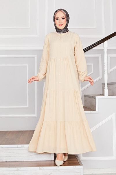 EBRUTESETTÜR Buttoned Front Layered Hijab Dress Beige