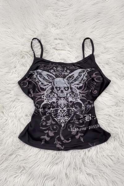 BALİNA Siyah Gotik Skull Butterfly Wings Y2K Askılı Crop