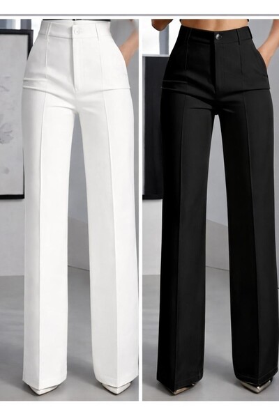 Hera Moda Γυναικείο λευκό μαύρο παντελόνι 2 τεμαχίων με ψηλή μέση και φαρδιά ...