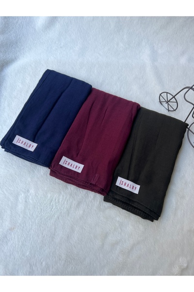 shalby Hijab Plain Cotton Crash Shawl Set of 3 (Dark Navy Blue-Claret Red-Dar...