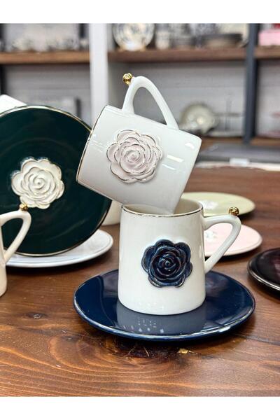 ACAR Rozsa 6-Person Turkish Coffee Cup Set Tkebt White