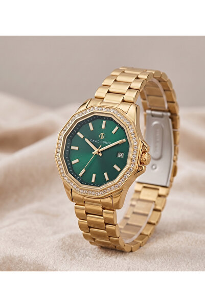 DAVID GUNER Kadın Saat 32 mm Gold Renkli Yeşil Kadran Taşlı Çerçeve Şık Çelik...