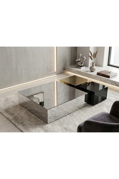 LUXURY VİLLA LUXURY GÜMÜŞ VE GOLD AYNALI SİYAH CAMLI ORTA SEHPA BÜYÜK 100x100...