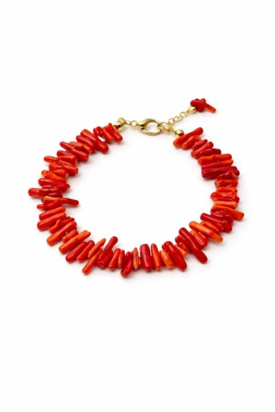 Agatella Tasarım Natural Red Coral Stone Bracelet with Adjustable Gold Appara...