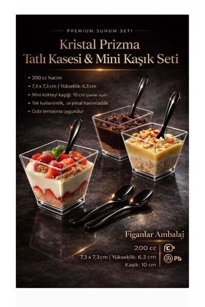 figanlar ambalaj Kristal Prizma Tatlı Kasesi 200 cc + Mini Kokteyl Kaşığı Set...