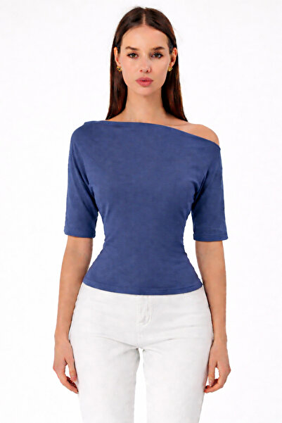 COMBİNE MİCHAİL Γυναικεία κοντομάνικη μπλούζα μπλε στενή εφαρμογή με ανοιχτού...