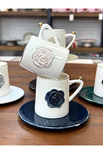 ACAR Rozsa 6-Person Turkish Coffee Cup Set Tkebt White